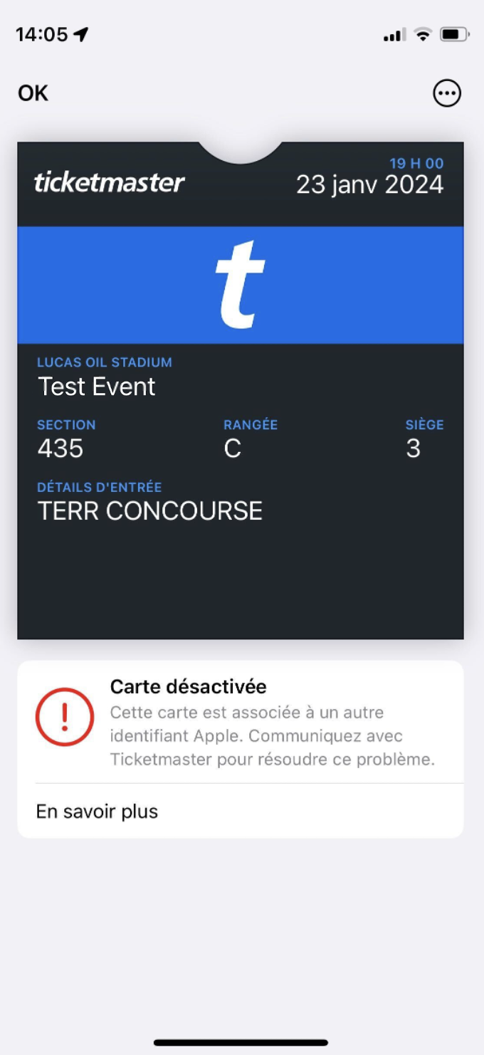 Mon billet ne fonctionne pas dans mon wallet Apple. Que dois je faire? Aide Ticketmaster